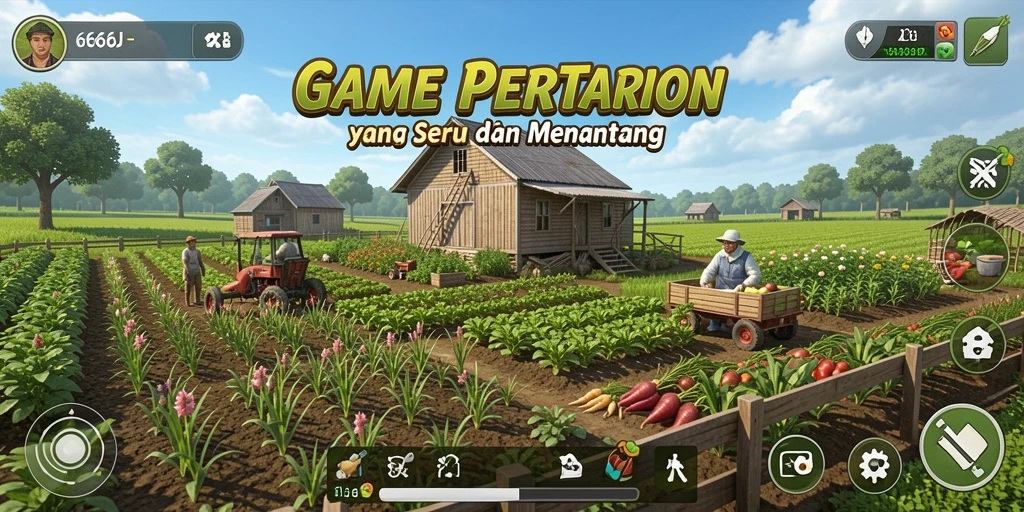 Tangkapan layar gameplay 666J yang menggambarkan aktivitas bertani.