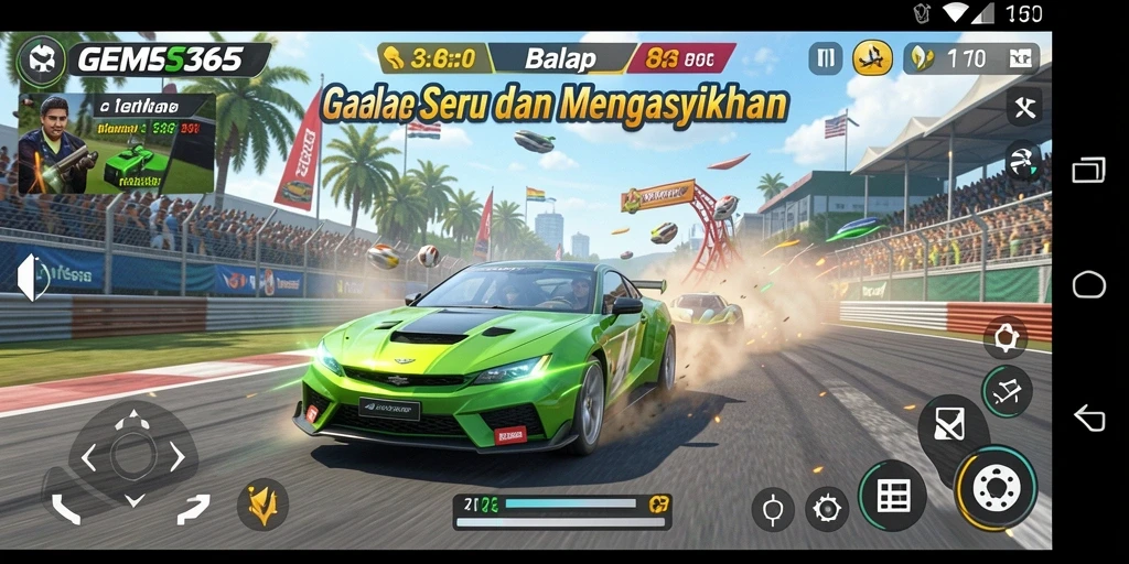 Screenshot GEMS365 menunjukkan aksi balap yang mendebarkan dan penuh warna.