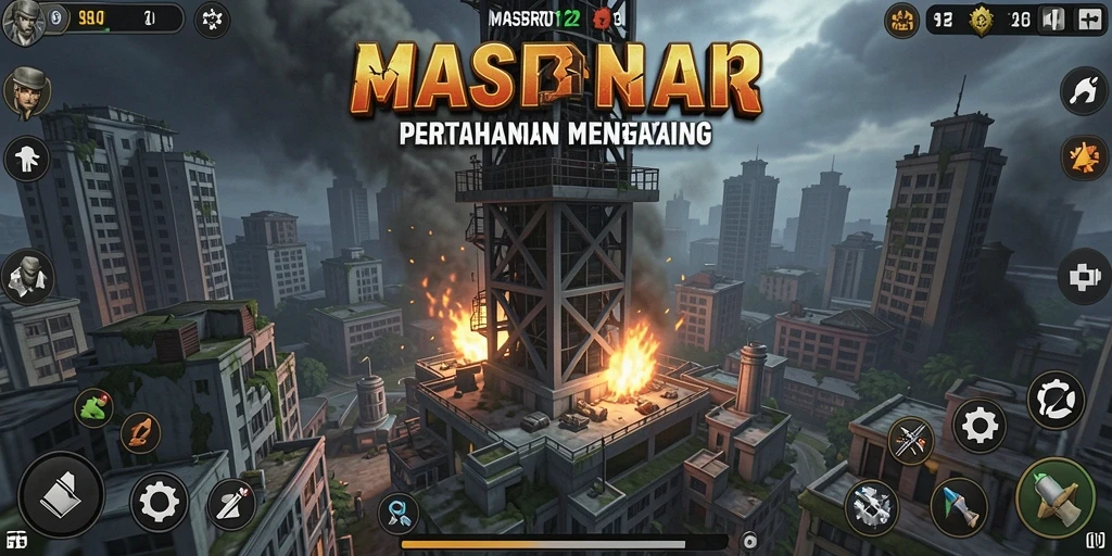 Tangkapan layar gameplay <strong>MASBRO12</strong> yang menunjukkan aksi menara pertahanan.