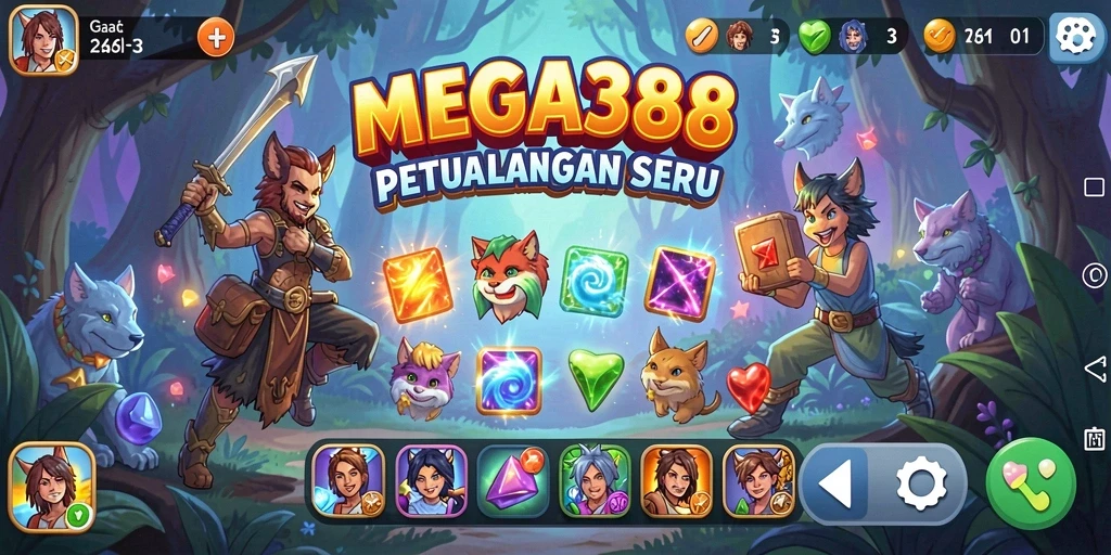 Tampilan gameplay MEGA388 yang seru dan penuh warna.