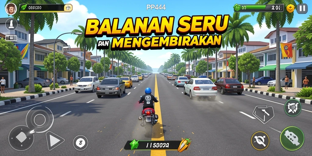 Screenshot gameplay PP444 menampilkan aksi balap yang mendebarkan.