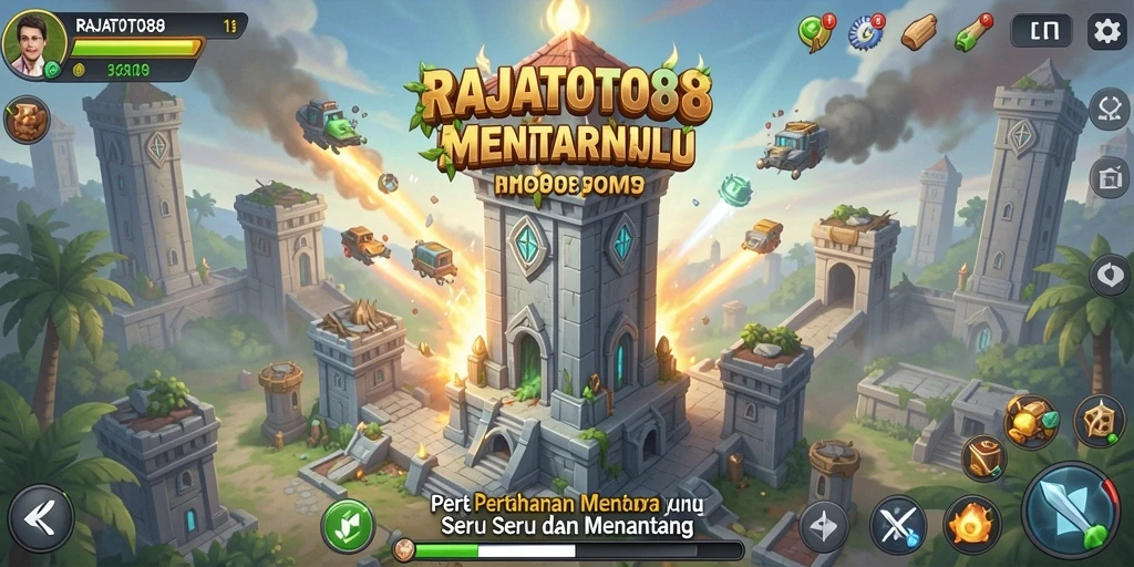 Screenshot gameplay RAJATOTO88 menunjukkan pertahanan menara yang dinamis.