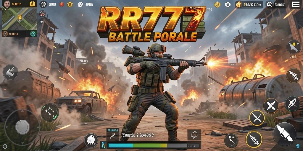 Screenshot gameplay RR777 menampilkan aksi menegangkan dalam pertempuran Battle Royale.